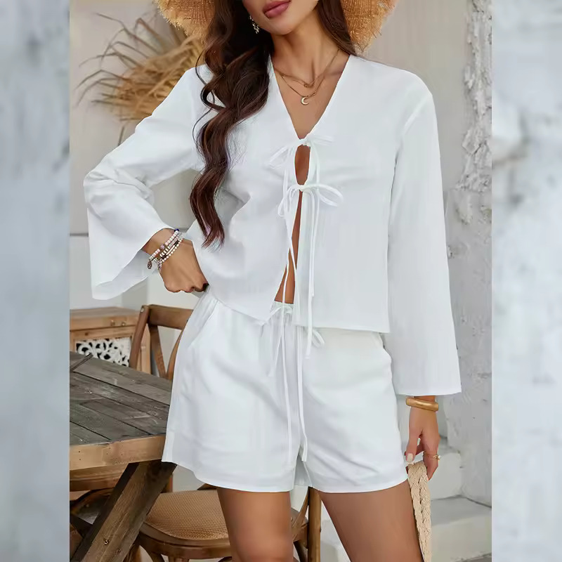 V-Neck Tie Top & Shorts Set