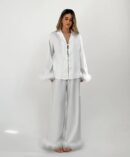 Feather Trim Satin Pajama Set