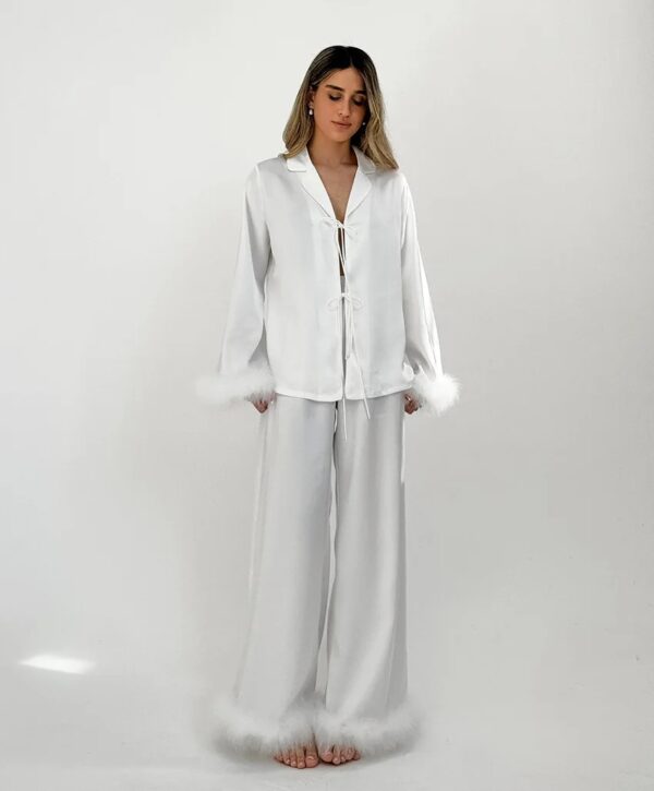 Feather Trim Satin Pajama Set - Image 5