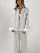 Feather Trim Satin Pajama Set