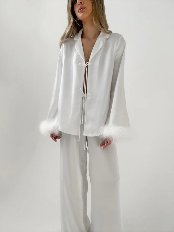 Feather Trim Satin Pajama Set - Image 3
