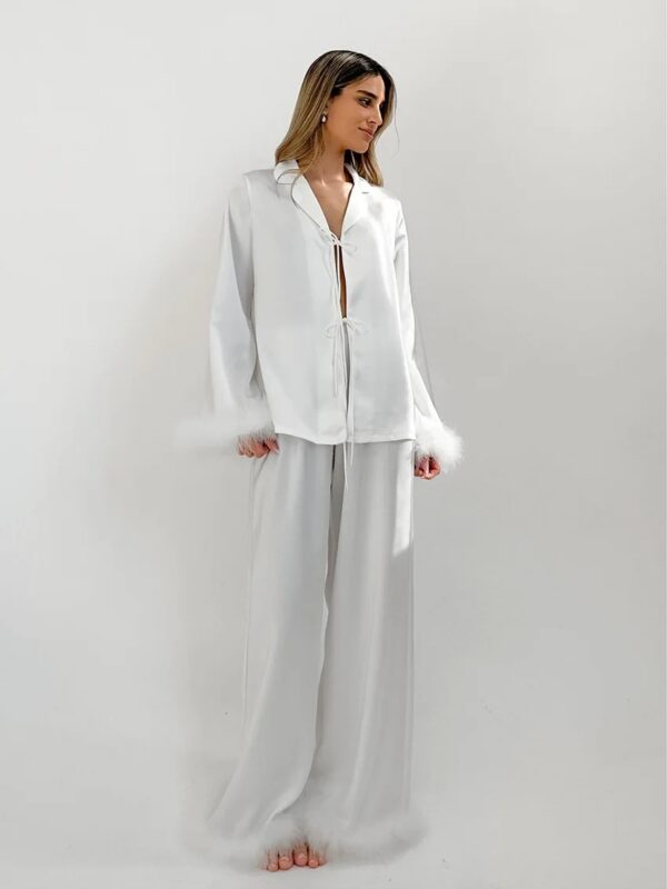 Feather Trim Satin Pajama Set - Image 2