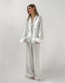 Feather Trim Satin Pajama Set