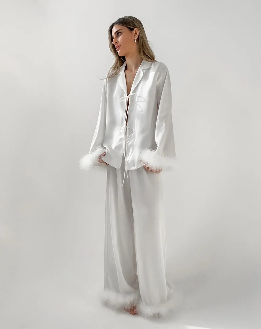 Feather Trim Satin Pajama Set